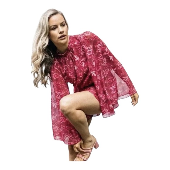 Free People Homemade Imani Floral Bell Sleeve Open Back Romper Dress Pink Medium - Picture 1 of 9